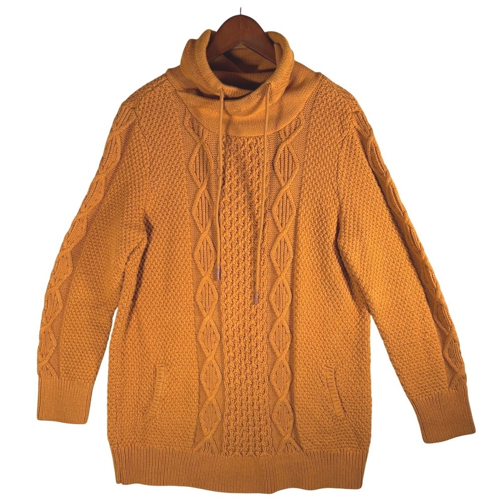 LL Bean Signature Cotton Cable Knit Cowl Neck Tunic Sweater Orange XL
